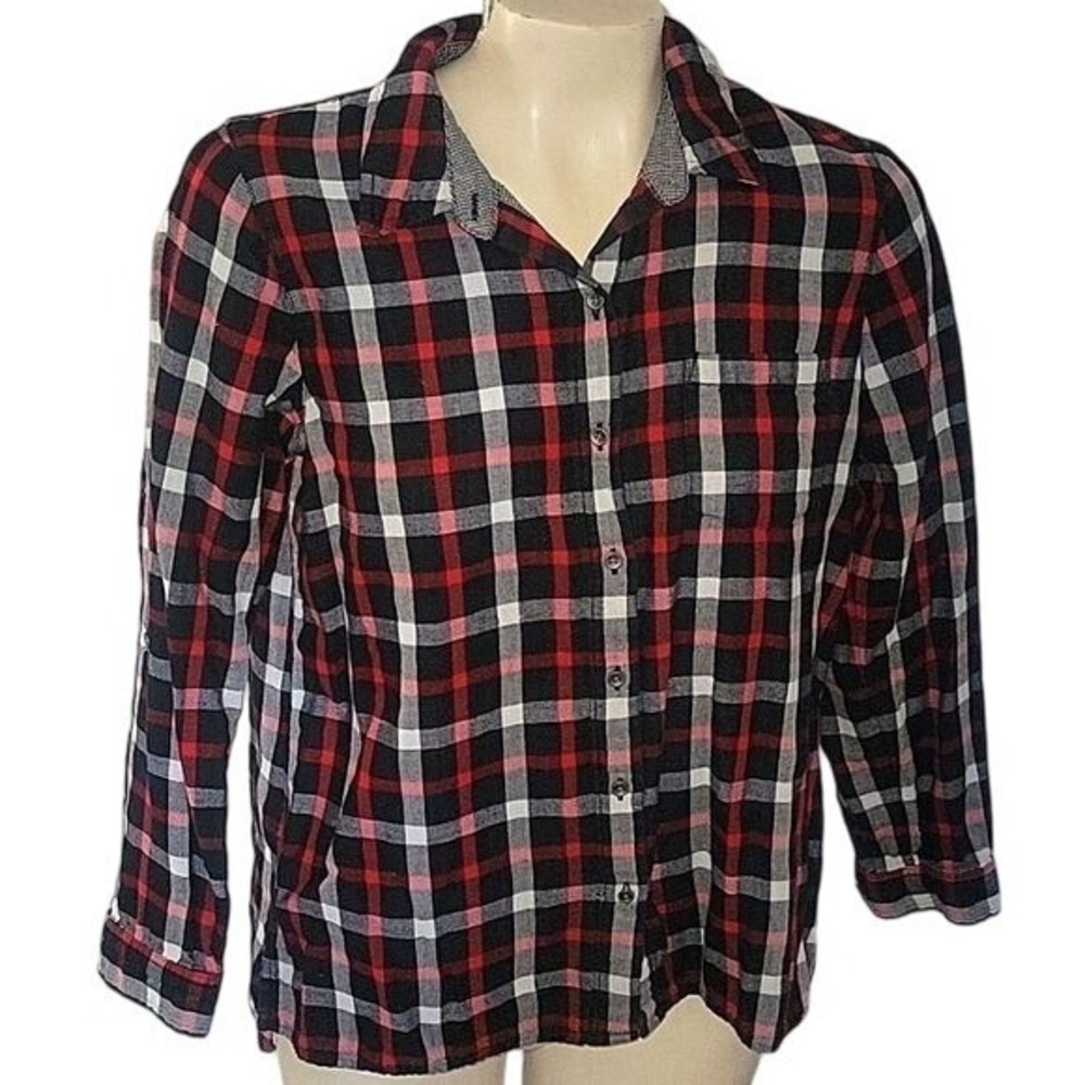 J. Jill Womens Petite‎ Small Red Black Plaid Roll Tab Sleeve Button Down Shirt